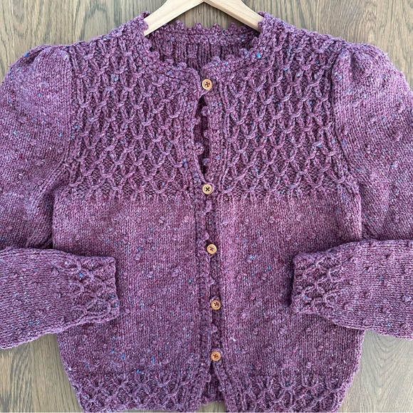 Vintage Hand Knit Wool Puff Sleeve Cardigan Sweater in Purple Blue Melange Small - Picture 5 of 9